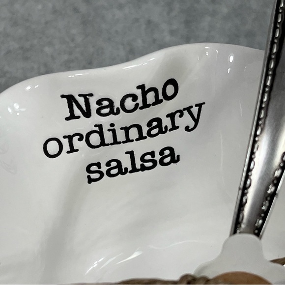 Mud Pie Nacho Ordinary Salsa Dish Embossed Spoon Set Serve‎ Ware White Ceramic - Picture 7 of 9